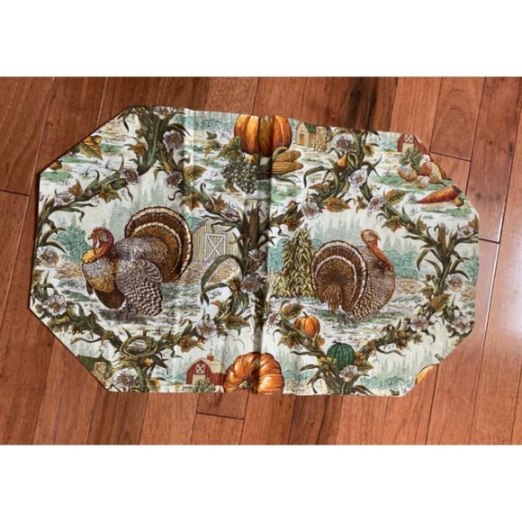 Thanksgiving Harvest Table Runner & Doily Turkeys Pumpkins Green Tassels 42x20 - Picture 6 of 9